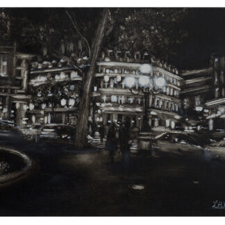A monochrome painting depicting a bustling night scene with illuminated buildings, trees, street lights, and silhouettes of people. By Lesley Anne Derks
